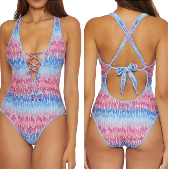 Becca Joshua Tree Corset One Piece Swimsuit Blue Multi Color Lace-Up Back M - Picture 1 of 15